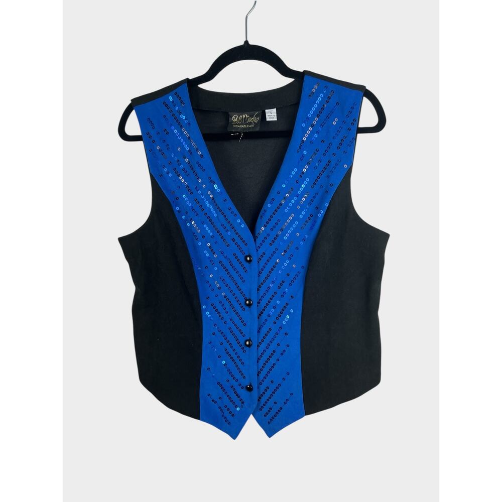 Bob Mackie Wearable Art‎ Black Suede Blue Sequin Vest Size Small